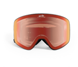 Red ski goggles with a clear lens on a white background